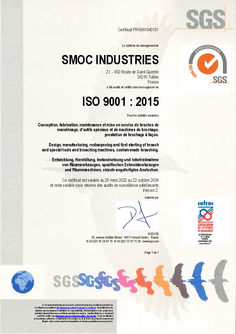 Certificat SMOC Industries ISO 9001:2015